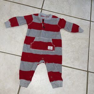 1255. Carter's Red Gray Striped "Mommy's Little Explorer" One Piece- 6 Months